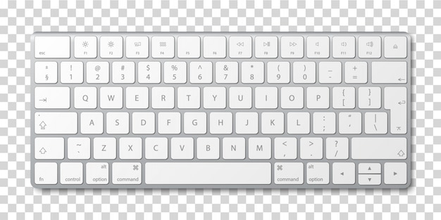 Teclado de computadora de aluminio moderno sobre fondo transparente.