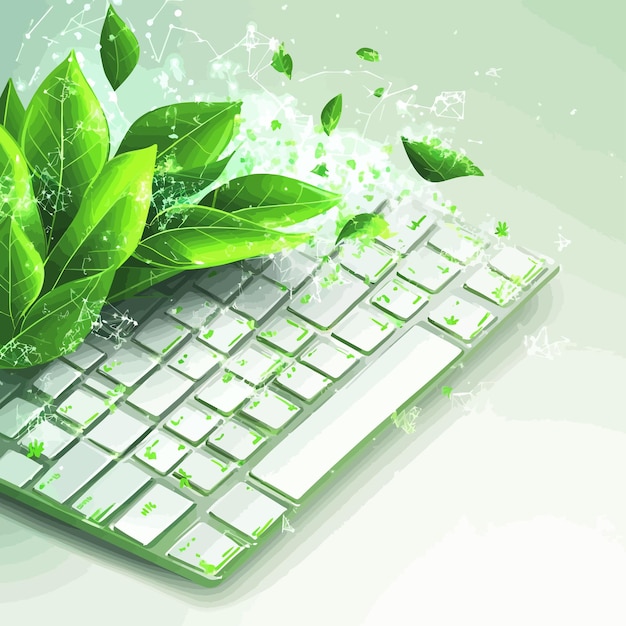 un teclado de computadora con hojas verdes y la palabra verde en la parte superior