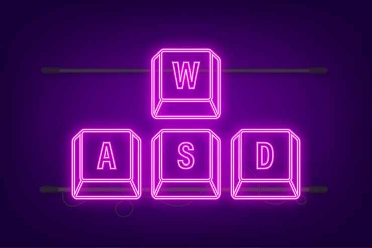 Vector teclado de computadora wasd botones de neón interfaz de escritorio icono web juegos y ciberdeportes