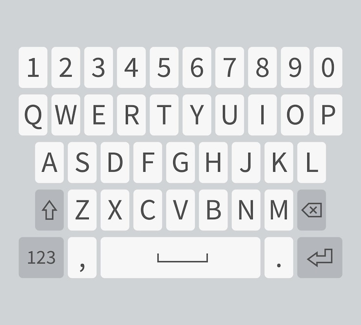 Vector teclado de teléfono inteligente. botones de teléfono móvil realistas blancos con alfabeto inglés, números y signos en la pantalla, teclado de redes sociales para dispositivos digitales, plantilla de teclado de interfaz de usuario ilustración vectorial aislada