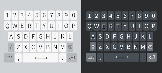 Teclado de teléfono inteligente. teléfono móvil de teclados realistas en blanco y negro, botones del alfabeto inglés en el dispositivo de pantalla. conjunto aislado de vector de maqueta de teclado de interfaz de usuario