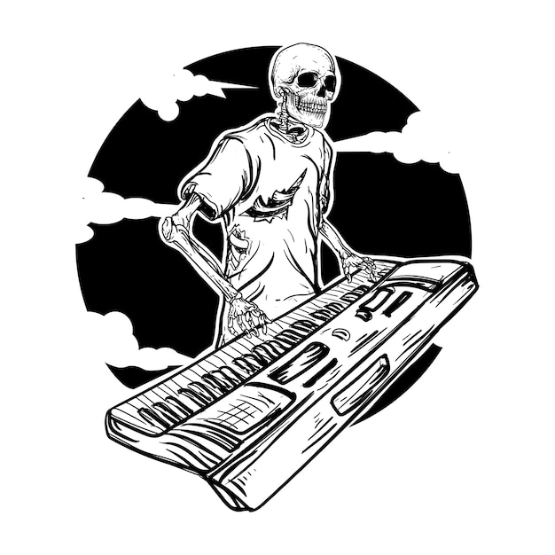 Vector teclista esqueleto dibujado a mano en blanco y negro