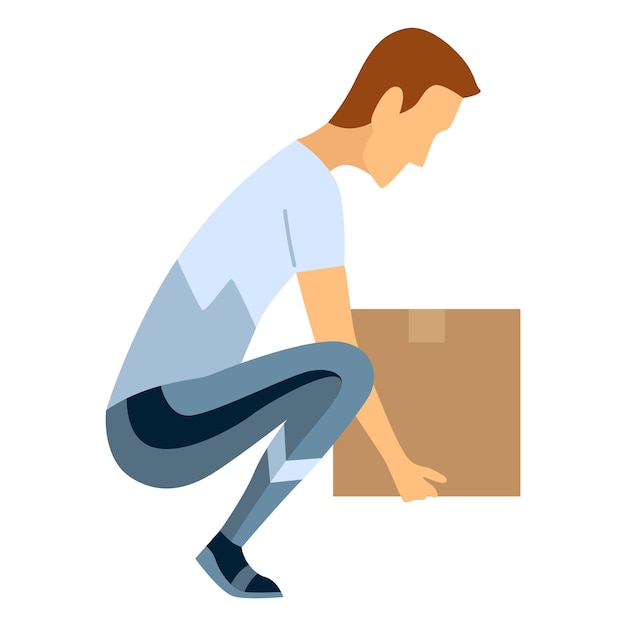 Técnica de elevación movimiento seguro Seguridad Instrucción correcta para mover paquetes pesados para trabajadores Movimiento ergonómico para cargar objetos vector ilustración plana