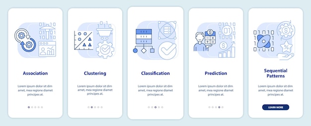 Técnicas de minería de datos pantalla de aplicación móvil de incorporación azul claro