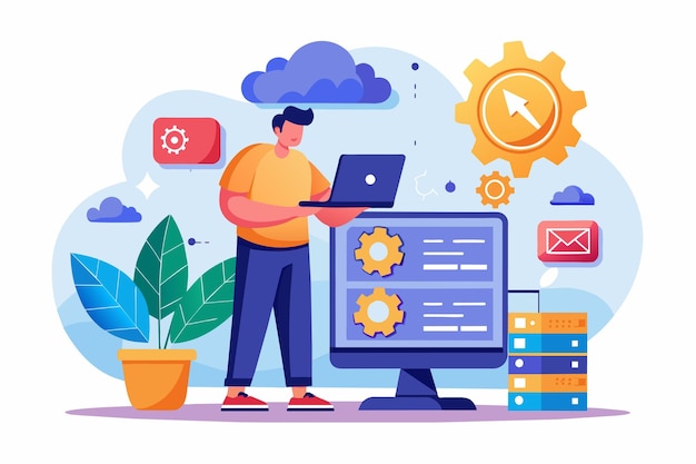 Un técnico aborda los problemas de computación en la nube usando una computadora portátil en un entorno de espacio de trabajo creativo brillante Corregir errores de compilación en la nube con una ilustración plana