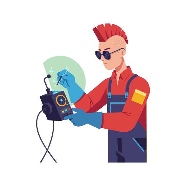 Técnico con cabello puntiagudo usando multimetro en arte vectorial plano mínimo