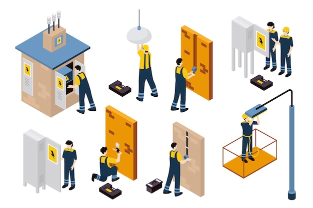 Técnico eléctrico 3d isométrico mega conjunto en isometría diseño gráfico Colección de elementos de cabina de transformador lámpara reparación de cables fijación de cableado servicio electricista otro Ilustración vectorial