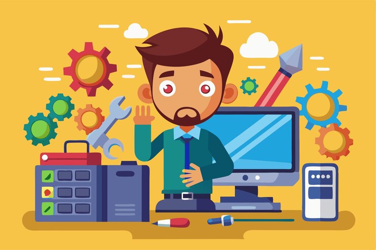 Vector un técnico está de pie en una oficina luminosa rodeado de herramientas, engranajes y una computadora lista para el trabajo ilustración de dibujos animados personalizables para la resolución de problemas informáticos