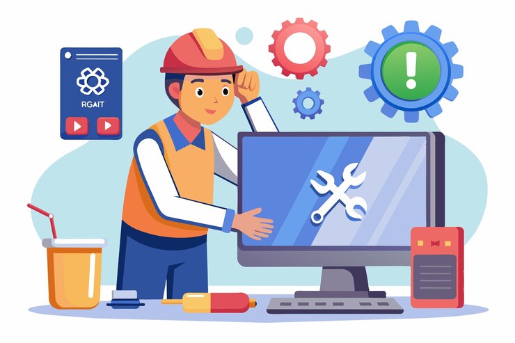 Vector un técnico está resolviendo activamente un error informático utilizando herramientas en un espacio de trabajo bien equipado.