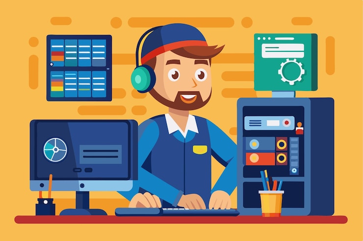 Vector un técnico informático asiste a los clientes en una estación de trabajo equipada con múltiples monitores y una computadora de escritorio centrada en tareas de resolución de problemas y resolución de problemas