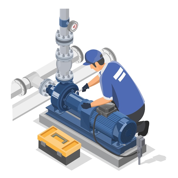 Vector técnico de mantenimiento que trabaja con el concepto de servicio de mantenimiento de edificios de bombas de agua industriales isom