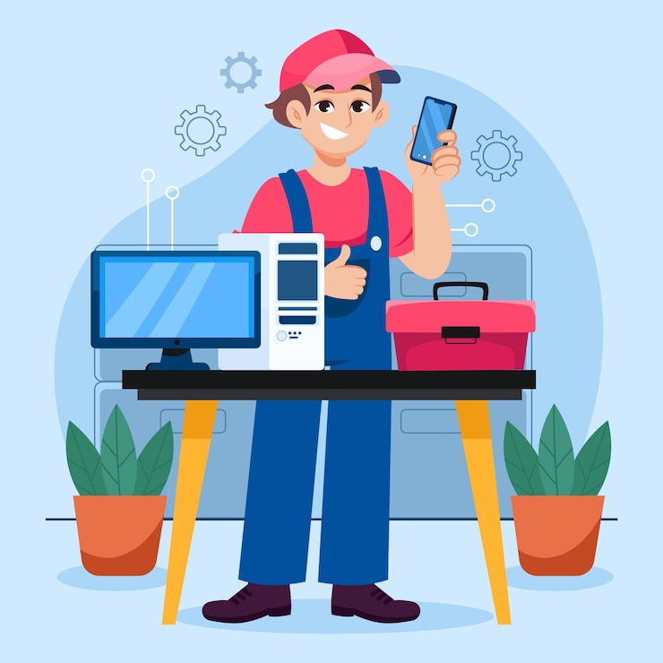 Vector técnico que repara computadoras y teléfonos inteligentes