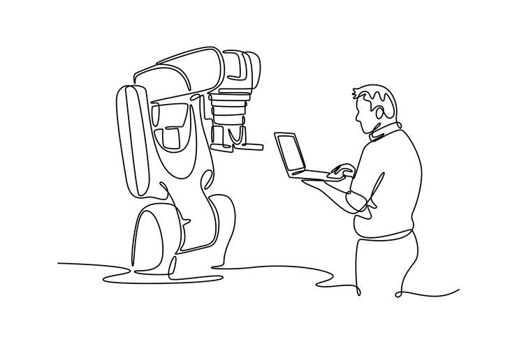Vector técnico que utiliza una computadora portátil en el brazo robótico tecnología en el concepto de servicios diseño de dibujo de línea única