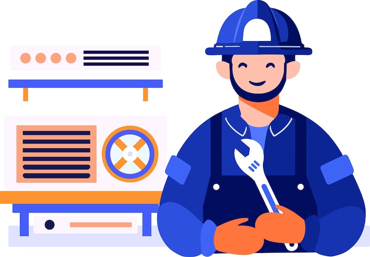 Vector técnico de reparación de aire acondicionado dibujado a mano en estilo plano aislado en el fondo