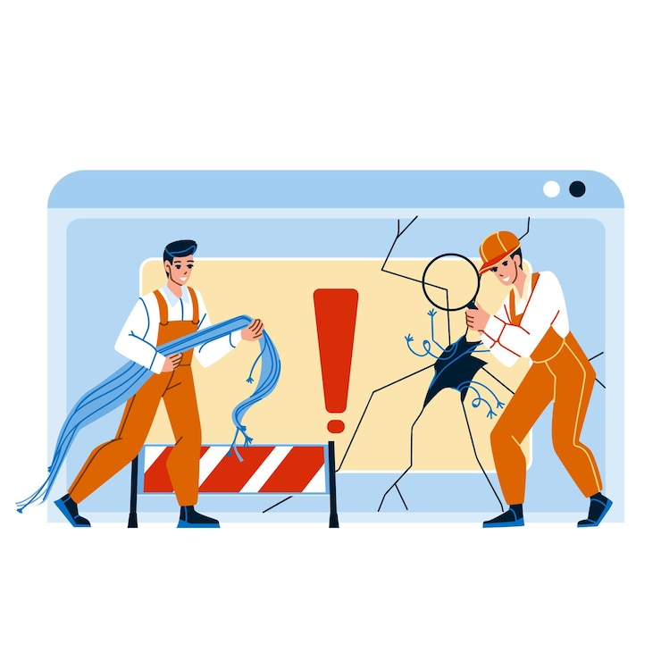 Vector técnico de reparación de sitios web trabajadores de soporte desarrolladores de vectores hombre reparación de sitios web juntos programadores reparación de página web juntos personajes mantenimiento de sitios de internet ilustración de dibujos animados planos