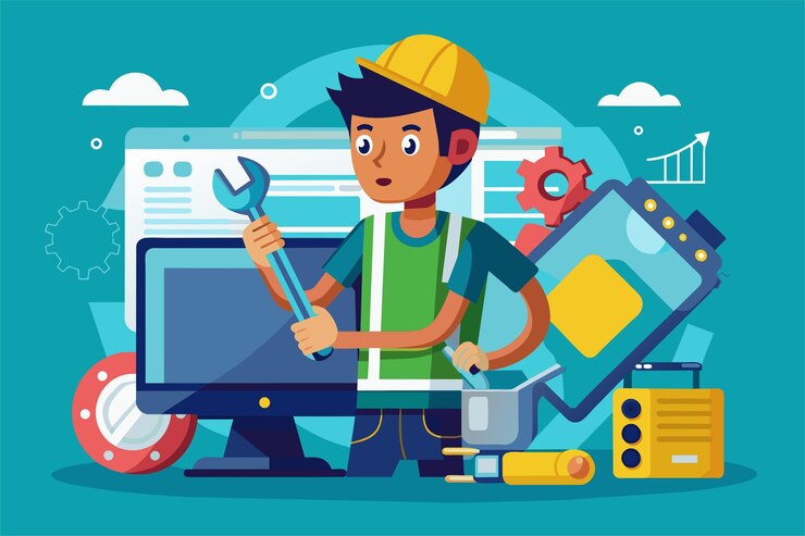 Vector un técnico trabaja diligentemente para solucionar y arreglar problemas técnicos con sistemas y herramientas informáticas solucionando problemas técnicos creando una imagen bidimensional sin profundidad