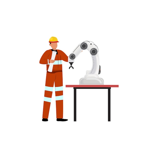 Técnico en uniforme naranja usando manipulador robótico en la mesa tecnología industrial