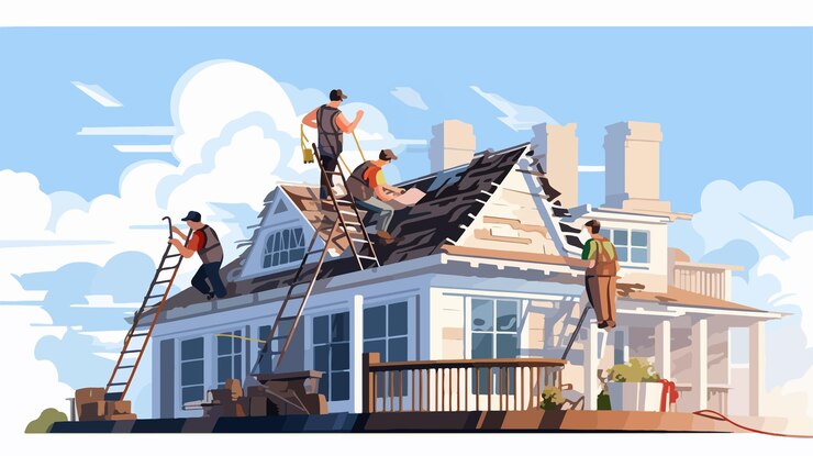 Vector técnicos calificados trabajando en la ilustración vectorial plana del techo de la casa