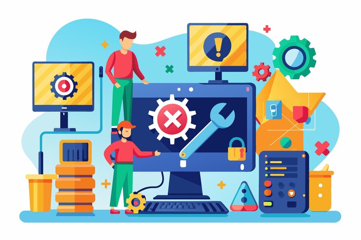 Vector los técnicos identifican y resuelven problemas informáticos utilizando herramientas y equipos en un espacio de trabajo brillante solución de problemas en la computadora