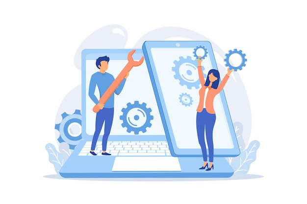 Técnicos de servicio que reparan la pantalla del teléfono inteligente con engranajes Servicio de reparación de teléfonos celulares
