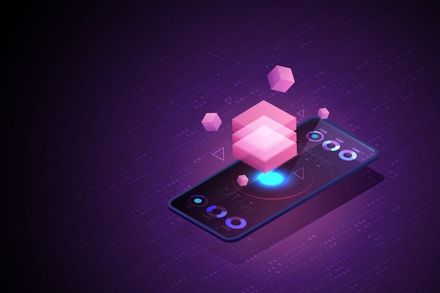 Tecnología 3D Blockchain para smartphone. Concepto de tecnología futura Blockchain Cryptocurrency. ilustración vectorial isométrica.