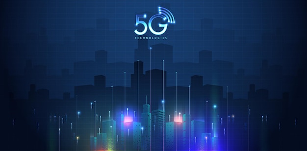 Tecnología 5G con línea de conexión de red informática y móvil entre la conectividad de edificios y los sistemas de redes globales y el diseño vectorial del concepto de internet de las cosas