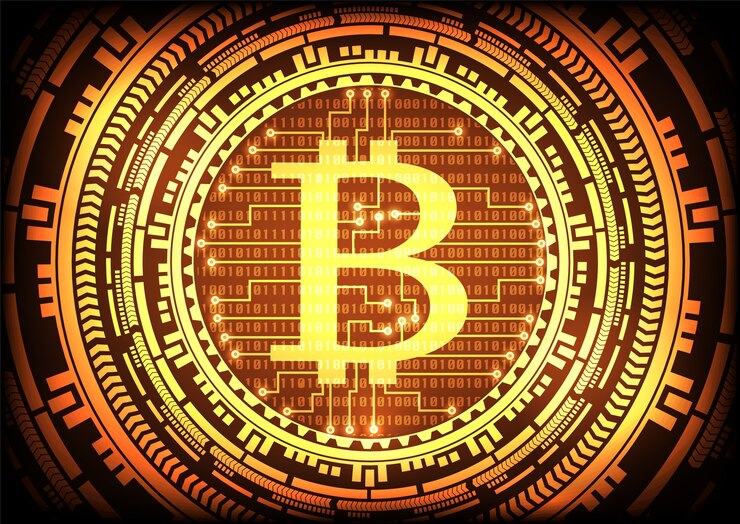 Vector tecnología abstracta bitcoins logotipo y engranaje fondo de oro.