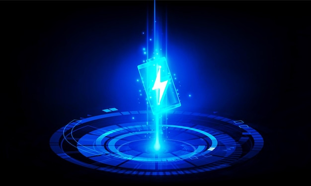 Tecnología abstracta Concepto de comunicación de alta tecnología de electrónica en baterías cargadas de polígono digital diseño de vectores de protección de energía de iluminación de pernos