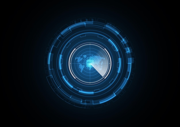 Tecnología abstracta futuro ojo de la cerradura chip mundo mapa radar seguridad círculo fondo vector ilustración