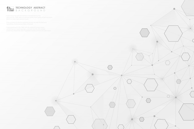 Tecnología abstracta gris líneas geométricas hexagonales conexión sobre fondo blanco.
