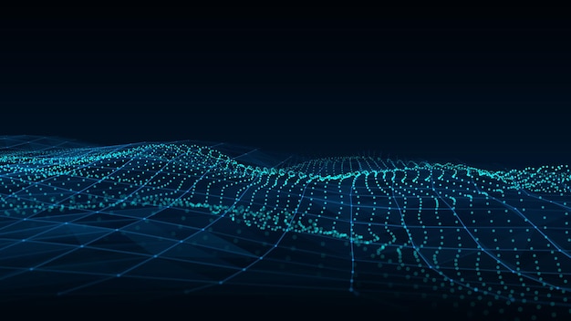 Tecnología abstracta onda de partículas visualización de grandes datos fondo oscuro vectorial con puntos de movimiento