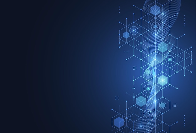 Tecnología abstracta patrón de hexágonos azules de fondo para el concepto de conexión de red con puntos de malla y líneas innovación Ilustración vectorial
