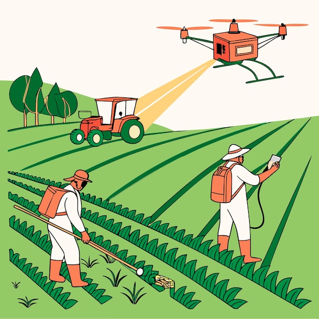 tecnología agrícola en los campos procesamiento de la cosecha agrónomo ilustración vectorial
