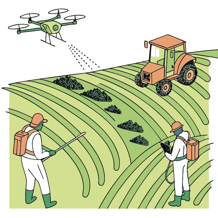 Vector tecnología agrícola en los campos procesamiento de la cosecha agrónomo ilustración vectorial
