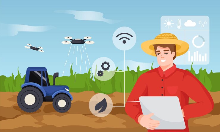 Vector tecnología agrícola inteligente con drones y análisis de datos en la ilustración vectorial de fondo del campo