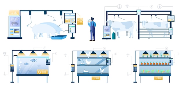 La tecnología de agricultura inteligente establece una ilustración aislada de vector plano internet de las cosas control remoto inalámbrico co