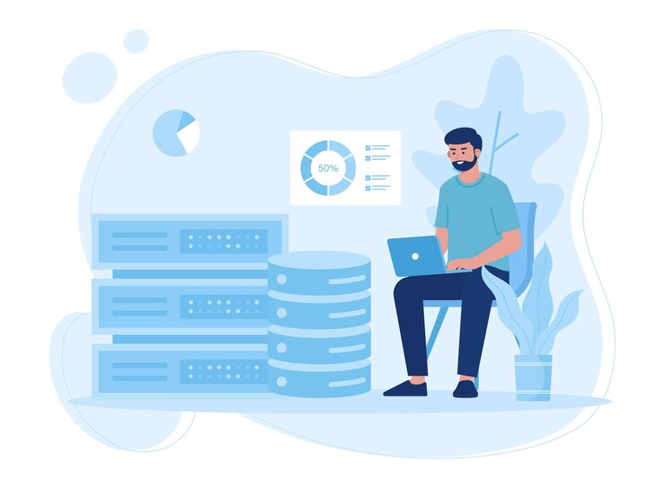 Vector tecnología de alojamiento servicios de mantenimiento de servidores programación de almacenamiento de bases de datos concepto ilustración plana