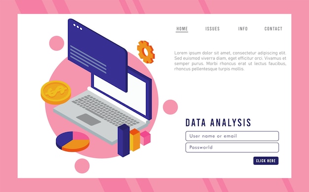 Tecnología de análisis de datos con computadora portátil y plantilla de página web.