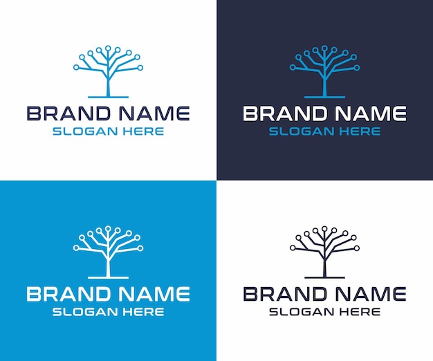 Tecnología de árbol conexión de red logotipo creativo concepto de logotipo de árbol digital almacenamiento en la nube vector premium