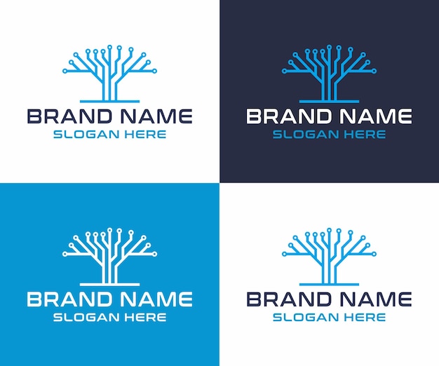Tecnología de árbol conexión de red logotipo creativo concepto de logotipo de árbol digital almacenamiento en la nube Vector Premium