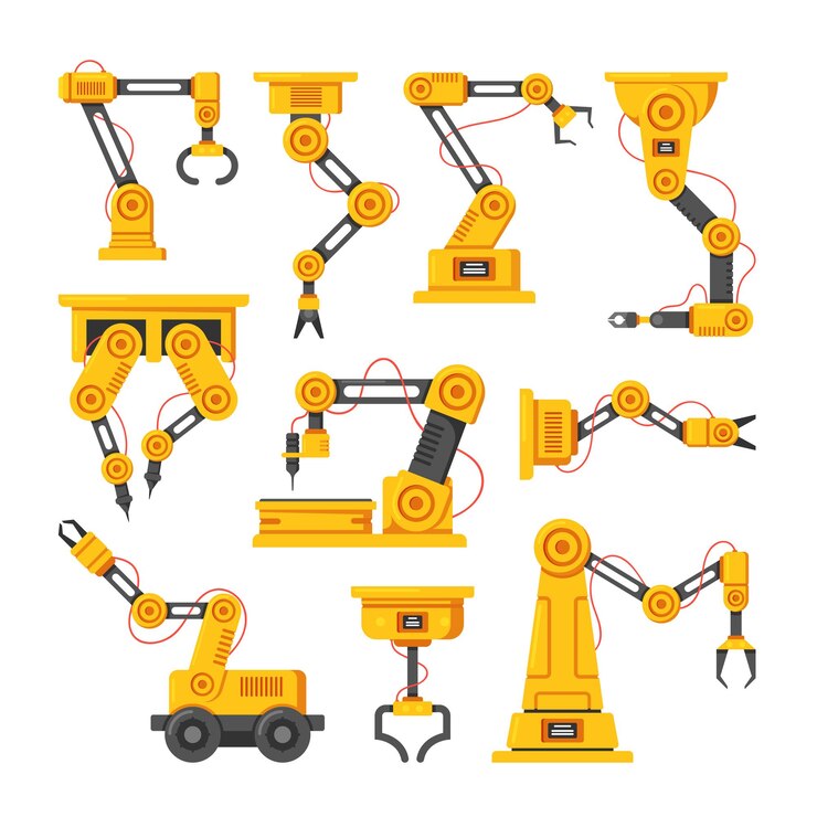 Vector tecnología de automatización de fabricación y concepto de ingeniería robótica manipuladores de robots industriales conjunto de brazos robóticos
