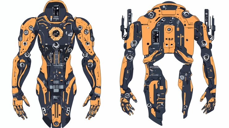Vector tecnología avanzada de la industria armas robóticas automatizadas en acción