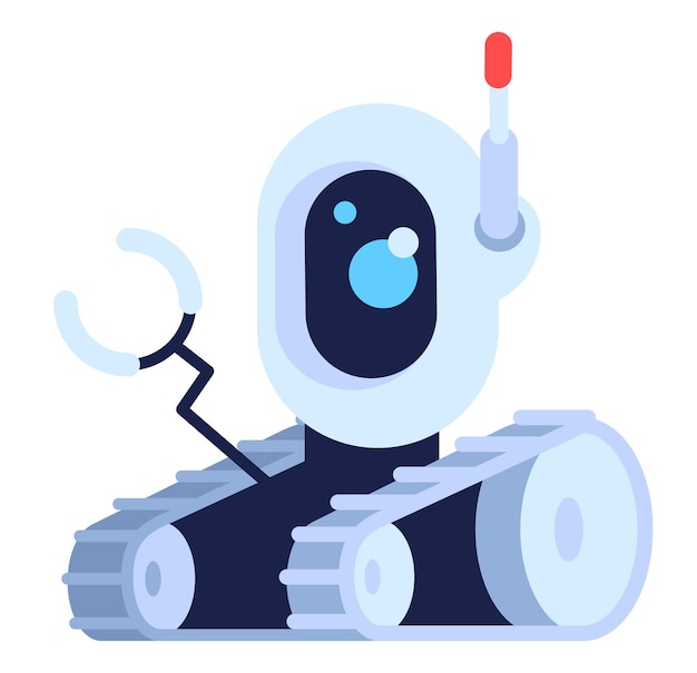 Tecnología para ayudar a los socorristas a la ilustración vectorial de color RGB semiplana. Construcción de robots. Proporcionar datos a través de la cámara. Personaje de dibujos animados aislado robot de rescate sobre fondo blanco
