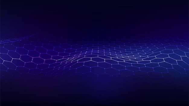 Tecnología azul abstracta onda hexagonal Flujo de partículas y líneas Visualización de transferencia de grandes datos Ilustración vectorial