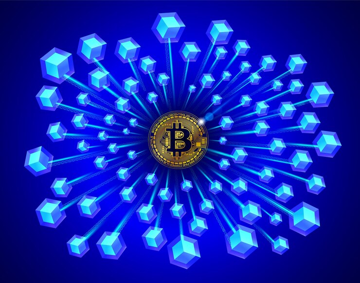Vector tecnología blockchain en bitcoin sobre fondo azul.