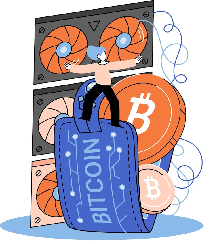 Vector tecnología blockchain comercio de bitcoins procedimientos espaciales de banca cibernética transacciones de moneda digital mercado de criptomonedas minería oculta mujer se encuentra cerca de una billetera electrónica con dinero