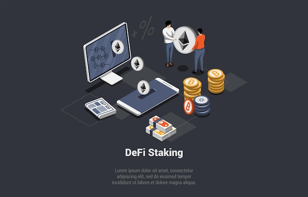 La tecnología Blockchain y el concepto de replanteo de Defi Las personas apuestan Ethereum después de la transición de PoW a PoS Yield Farming Bloqueo de tokens criptográficos en un contrato inteligente Ilustración vectorial isométrica 3d