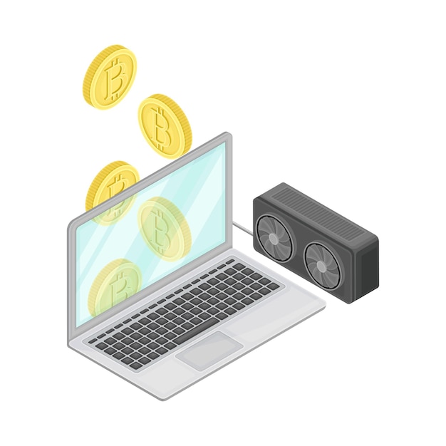 Tecnología Blockchain con portátil y hardware para minería y almacenamiento de Bitcoin Ilustración vectorial isométrica