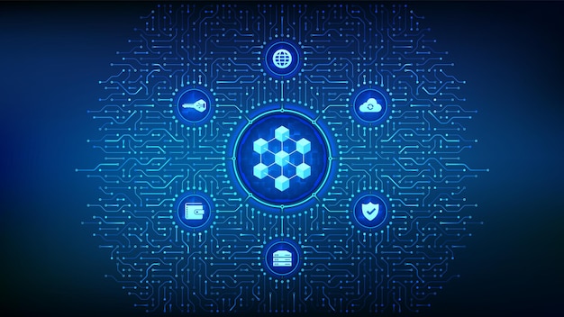 Tecnología blockchain red descentralizada Fintech criptomoneda antecedentes de la junta de circuitos