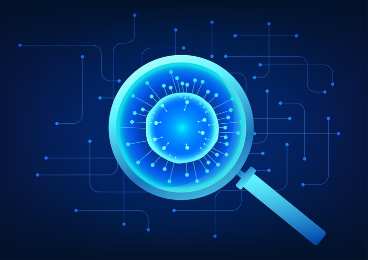 Vector tecnología de búsqueda lúpula que observa los virus equipada con un circuito tecnológico
